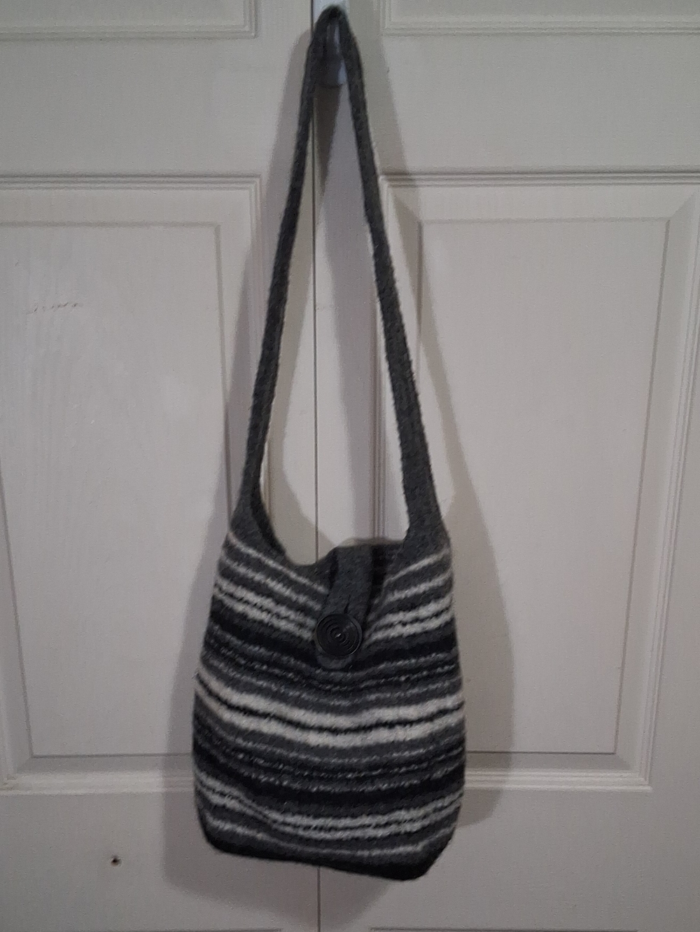 Handmade Knit And Felted Wool Shoulder Bag with Button Tab - Gray Black Sttiped